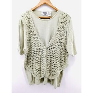 VTG Cervelle Textured Silk Knit Top Crochet Vest Green Boho Cottagecore JJ36